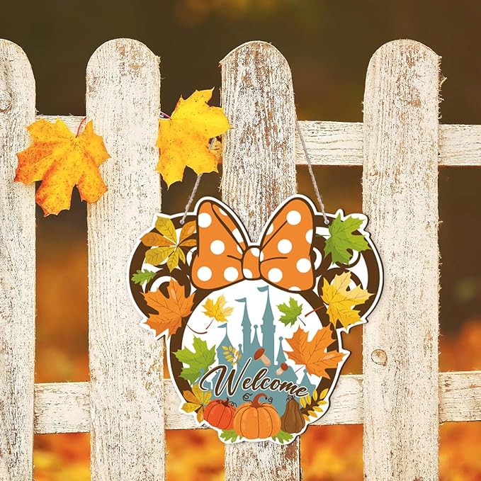 CozyNest Decor fall mouse wooden door sign with maple leaves and mushrooms, autumn harvest decor for front door or wall decoration.