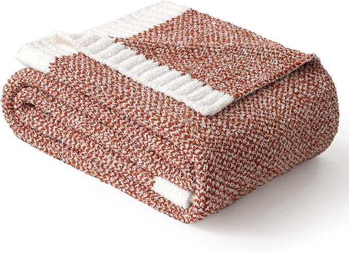 CozyNest Decor MIULEE fall rust soft throw blanket with fluffy knit texture on a sofa, perfect for couch, bed, or outdoor use.