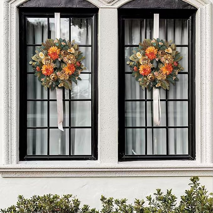 CozyNest Decor 24-inch fall wreath with orange hydrangea, peony, and dahlia flowers for front door autumn decoration.