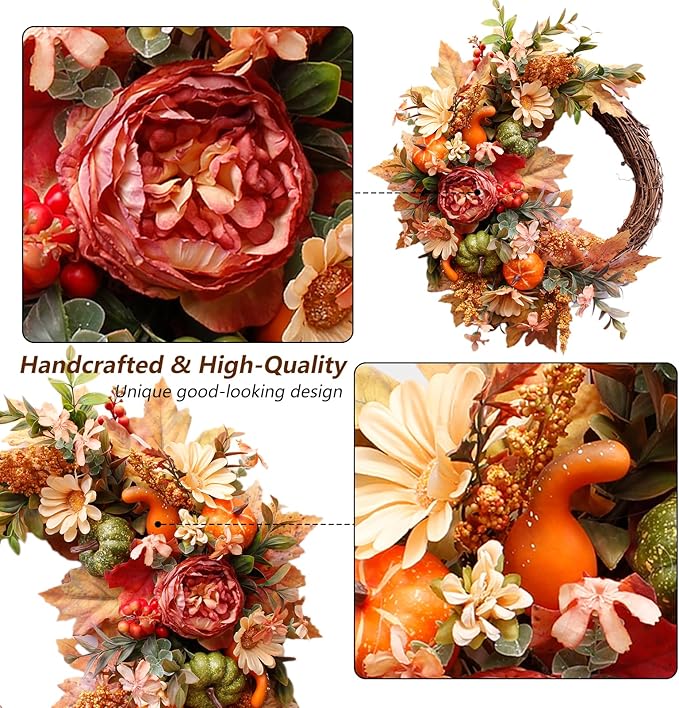 CozyNest Decor 20-inch fall wreath with pumpkins, peonies, sunflowers, and berries for front door autumn and Thanksgiving decor.