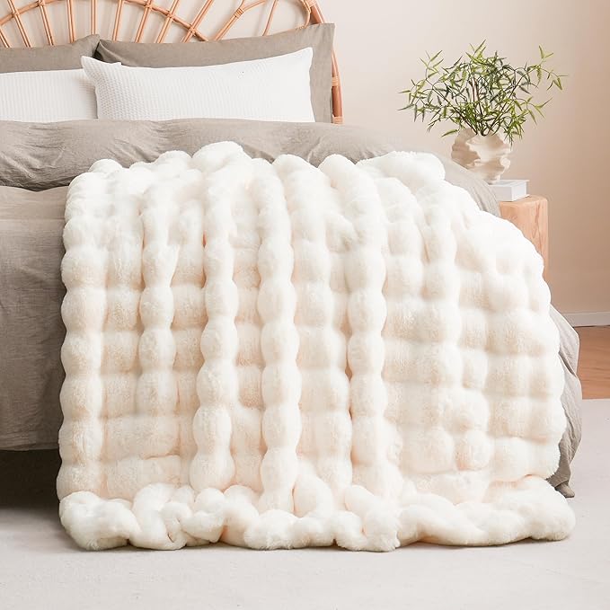 Cream white CozyNest Decor faux fur throw blanket with fluffy, thick texture for couch or home decor, 50x60 inches, 1300GSM.