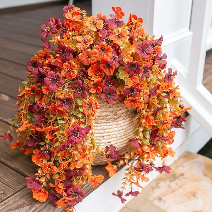 CozyNest Decor artificial autumn flowers, light orange and brown silk daisies, hanging outdoor decoration for porch or balcony.