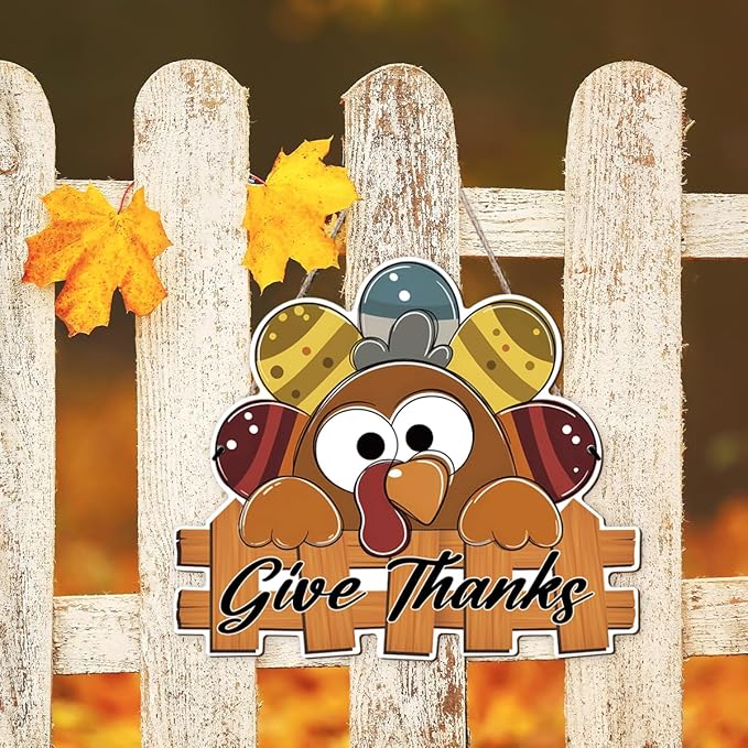 CozyNest Decor Give Thanks turkey wood door hanger for Thanksgiving, fall outdoor porch decoration, wooden thankful wreath.