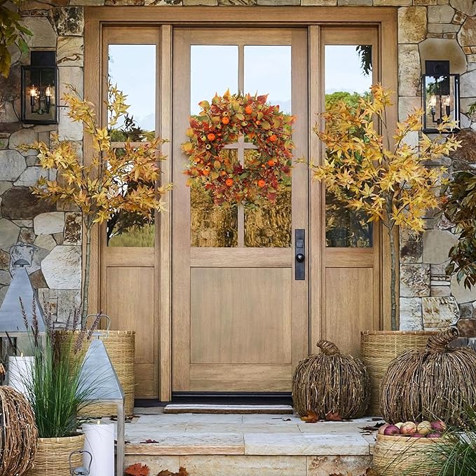 22-inch artificial fall wreath with pumpkins, maple leaves, and autumn accents from CozyNest Decor, ideal for front door or wall decor.