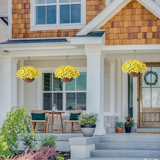 Artificial yellow silk morning glory and eucalyptus hanging flowers basket for outdoor autumn porch or patio decor by CozyNest Decor