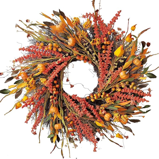 CozyNest Decor 24-inch fall wreath with pumpkins, hawthorn, berries, eucalyptus leaves, and a lantern for autumn or Thanksgiving decor