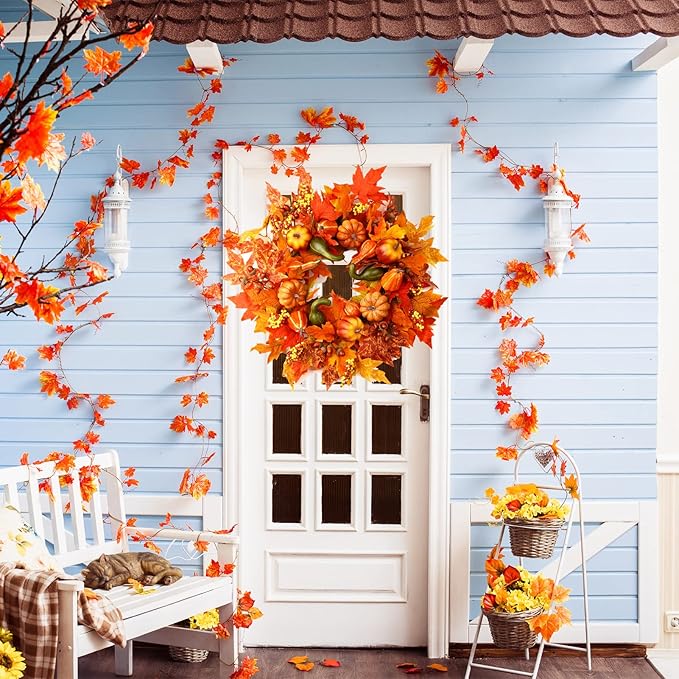 CozyNest Decor 24-inch fall wreath with pumpkins, berries, and maple leaves, perfect for front door autumn and holiday decor.