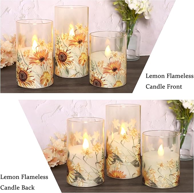CozyNest Decor MELTONE autumn sunflower flameless candles with glass holder, flickering real wax, remote control, perfect for home decor.