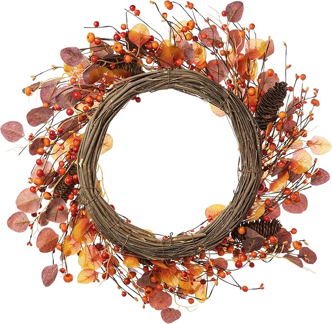 CozyNest Decor 22-inch fall eucalyptus berry wreath with rustic design, ideal for front door or wall autumn decor.