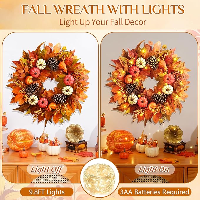 Colorful 20-inch fall wreath for front door with pumpkins and maple leaves, handcrafted autumn decor by CozyNest Decor.