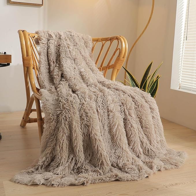 CozyNest Decor XeGe luxury faux fur throw blanket in khaki, soft fluffy shaggy plush 50x60 decorative couch blanket for winter and fall.