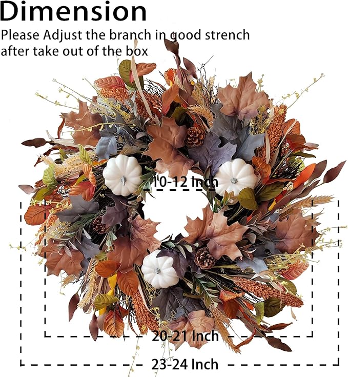 CozyNest Decor 24-inch fall wreath with white pumpkins, grains, and maple leaves for door autumn harvest Halloween decor