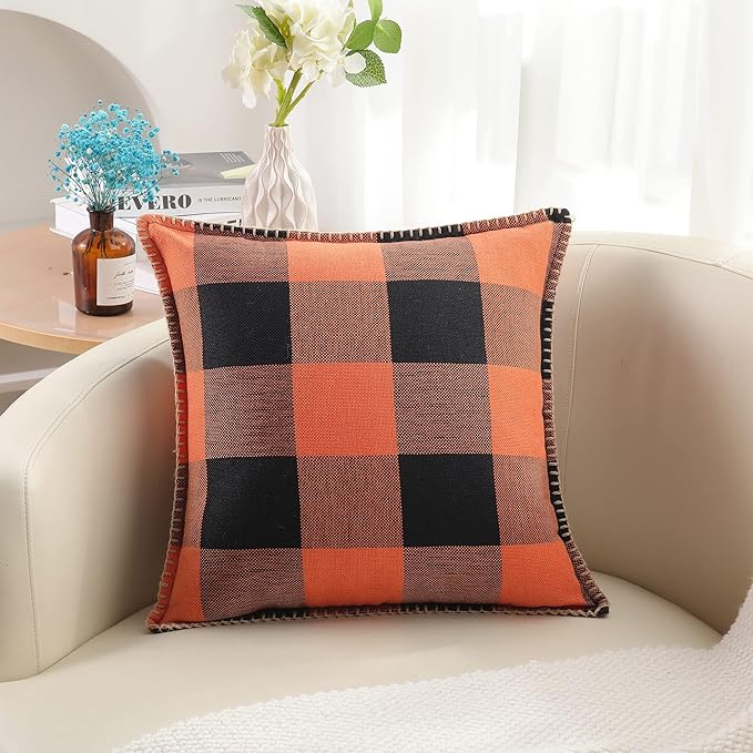 CozyNest Decor fall orange and black buffalo plaid throw pillow covers, 18x18 inches, with stitched edges for farmhouse autumn decor.