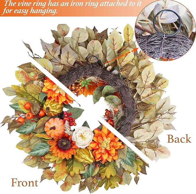 CozyNest Decor 24-inch fall wreath with pumpkins, peonies, sunflowers, and dahlias, perfect for front door autumn decor.