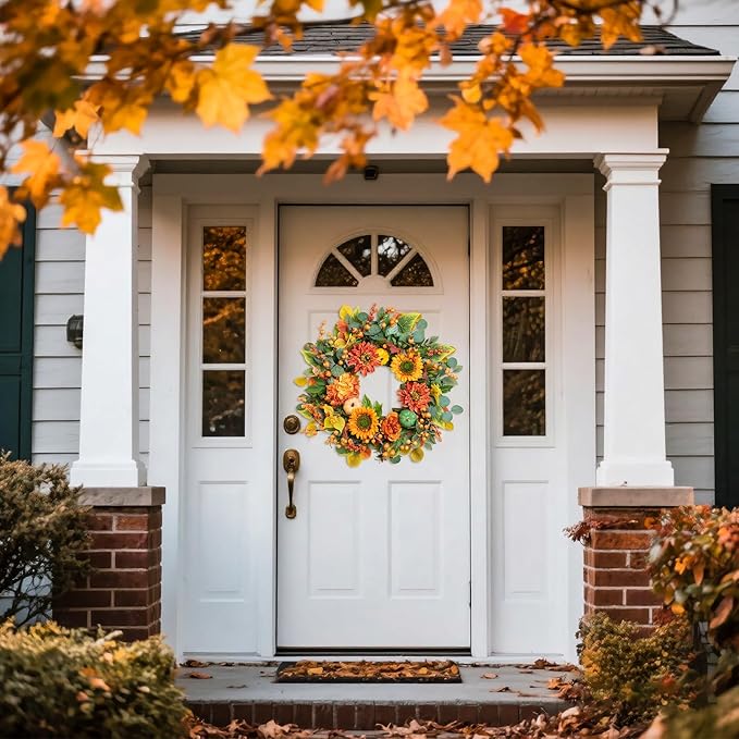 CozyNest Decor 24-inch autumn wreath with sunflowers, orange dahlias, maple leaves, and berries for front door decor.