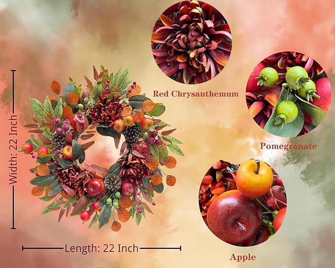 CozyNest Decor 22-inch fall chrysanthemum wreath with apples, pinecones, berries, eucalyptus, and maple leaves for autumn decor.
