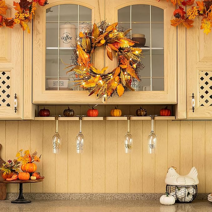 CozyNest Decor 24-inch fall wheat wreath with harvest grain and gold accents, perfect for Thanksgiving front door or autumn wall decor