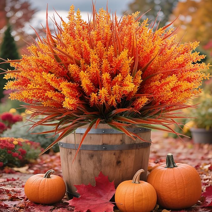 CozyNest Decor faux lavender and monkey grass outdoor artificial flowers in autumn-orange for garden, porch, and patio decor.