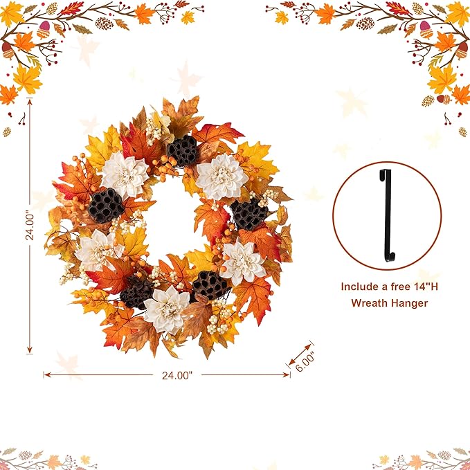 CozyNest Decor 24-inch fall sorghum wreath with metal hanger, perfect for front door or indoor outdoor harvest holiday decoration.