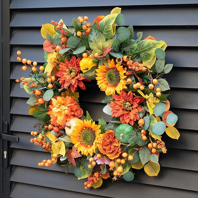 CozyNest Decor fall wreath for front door featuring sunflowers, orange dahlias, maple leaves, and berries, 24-inch autumn decor.