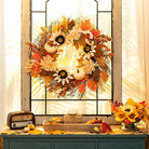 CozyNest Decor 20-inch fall wreath with maple leaves, white pumpkin, daisies, and sunflowers for front door and porch autumn decor