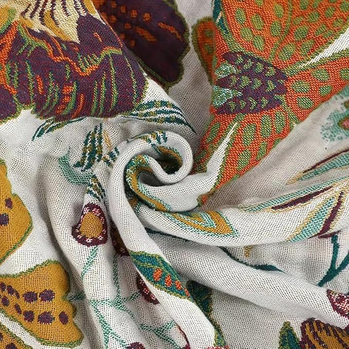 CozyNest Decor boho muslin bed blanket, 80x90 inches, colorful floral design, soft cotton, lightweight summer cooling throw for sofa or bed.