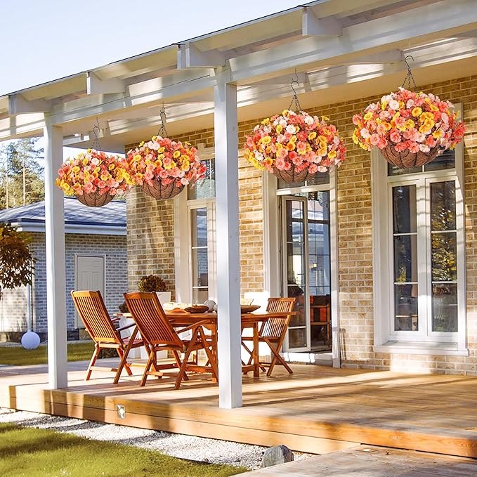 Artificial fall flowers in a hanging basket with silk morning glory and eucalyptus, UV resistant for outdoor porch or patio decoration.
