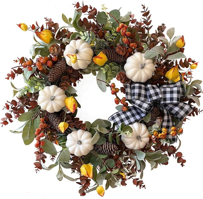 Large farmhouse fall wreath by CozyNest Decor featuring white pumpkin, cotton, lamb's ear, and eucalyptus leaves for autumn decor.