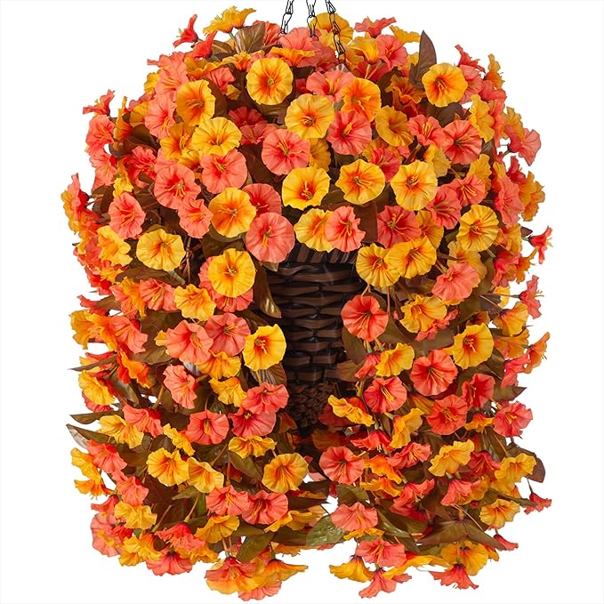Artificial fall hanging flowers basket with orange and yellow silk morning glory vines, UV resistant for outdoor porch decoration.