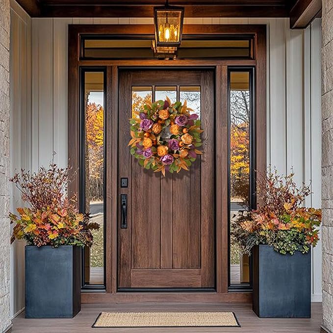 24 inch autumn wreath with peony, maple leaves, and berries, cozy farmhouse decor for front door or porch.