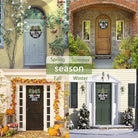 Rustic wooden seasonal welcome sign wreath by CozyNest Decor featuring a round design with dog motif for front door or wall decor.