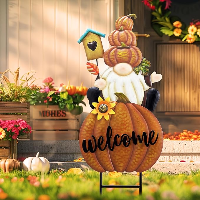CozyNest Decor Fall gnome pumpkin garden stake with orange autumn colors, perfect for outdoor yard, garden, or patio decor.