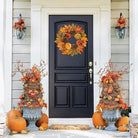 CozyNest Decor fall wreath with velvet pumpkins, metal hook, harvest maple leaves, 16-inch autumn door decoration for Halloween Thanksgiving