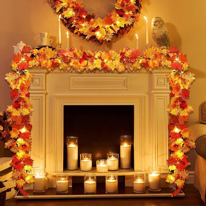 CozyNest Decor 2-pack fall maple leaves garland with 40 LED lights, battery-operated autumn Thanksgiving decoration for home and porch.