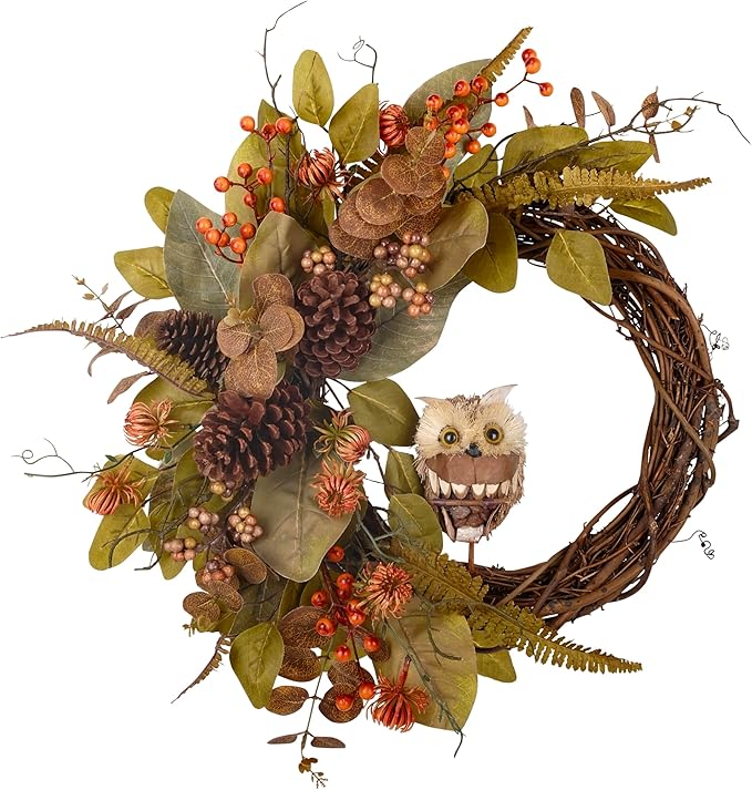 Fall owl wreath for front door featuring pine cones, faux eucalyptus, magnolia leaves, and berries, 24-inch farmhouse autumn decor
