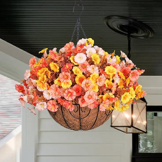 CozyNest Decor artificial fall flowers in a hanging basket with silk morning glory and eucalyptus, UV resistant for outdoor decor.