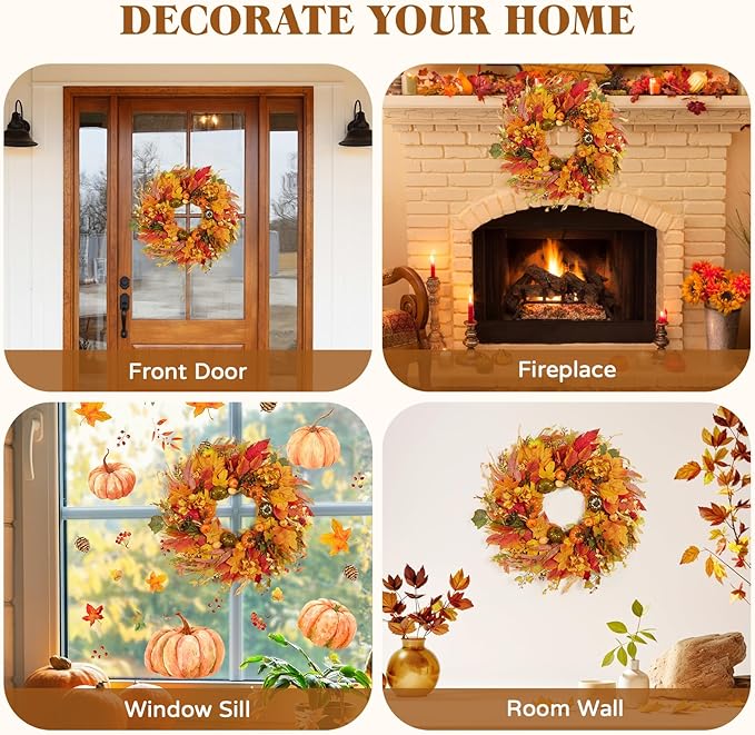 CozyNest Decor 24-inch fall wreath with pumpkins, hydrangea, maple leaves for front door or porch autumn decor