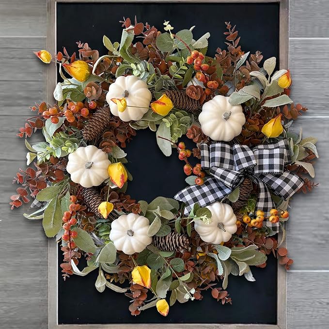 Large farmhouse fall wreath by CozyNest Decor featuring white pumpkins, cotton, lamb's ear, eucalyptus leaves for autumn or Thanksgiving.