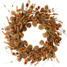 Artificial 22-inch fall wreath with eucalyptus leaves, wildflowers, and harvest accents for front door or wall decor.