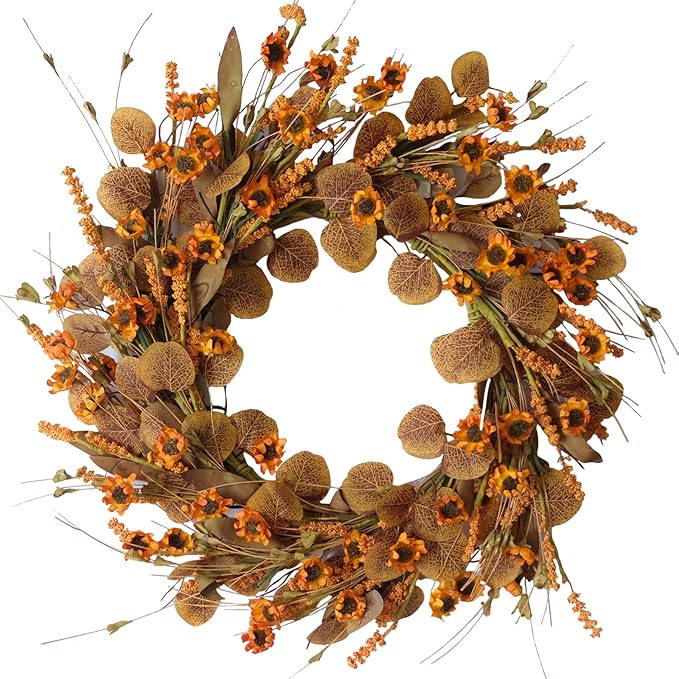Artificial 22-inch fall wreath with eucalyptus leaves, wildflowers, and harvest accents for front door or wall decor.