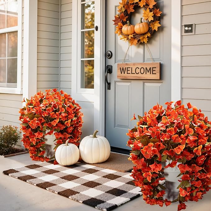 CozyNest Decor artificial bougainvillea flowers in orange, 2-pack, UV resistant faux silk vines for outdoor fall porch and patio decor