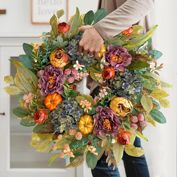 CozyNest Decor 24-inch fall wreath with blue hydrangea, purple orange peony, and pumpkins for front door autumn decoration