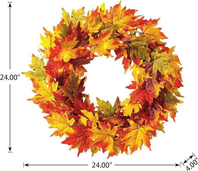 CozyNest Decor 24-inch pre-lit fall wreath with maple leaves, featuring lights and timer, perfect for front door Halloween or Thanksgiving.