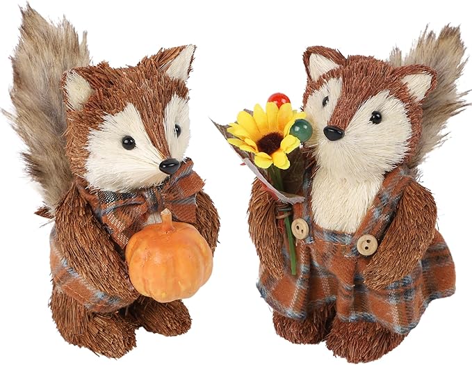 CozyNest Decor Fall fox figurines, two handmade sisal woodland animals with pumpkins, perfect for Thanksgiving table and autumn decor.