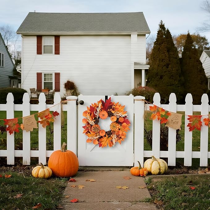 20-inch fall wreath featuring berries, pumpkins, maple leaves, pine cones, and a hook for front door or porch decoration.
