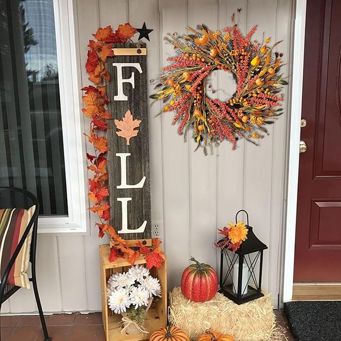 CozyNest Decor 24-inch fall wreath with pumpkins, berries, eucalyptus leaves, lantern fruit, hawthorn, grain for autumn decor