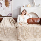 CozyNest Decor beige faux rabbit fur twin bed blanket with tan checkered pattern, soft fuzzy minky throw for couch or bed, 60 x 80 inches