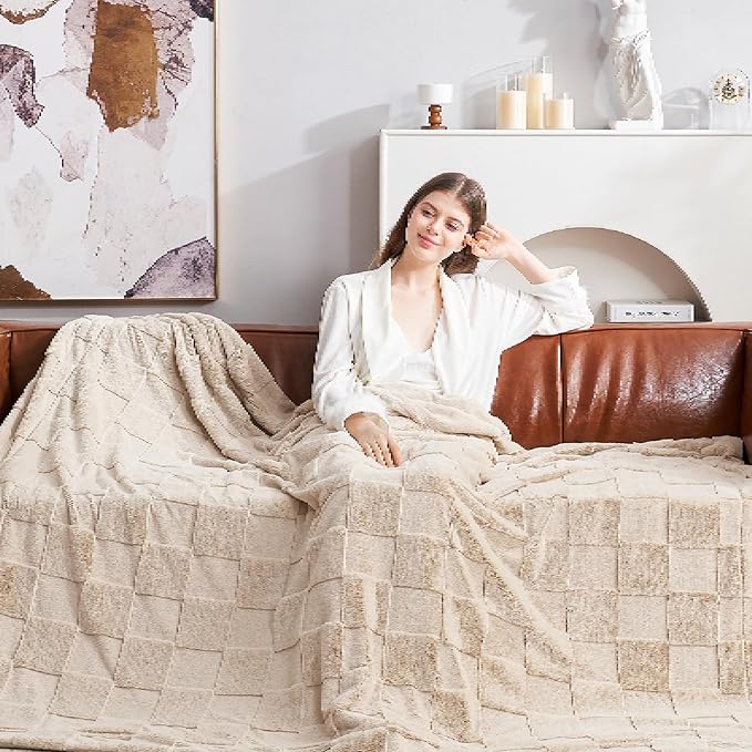 CozyNest Decor beige faux rabbit fur twin bed blanket with tan checkered pattern, soft fuzzy minky throw for couch or bed, 60 x 80 inches