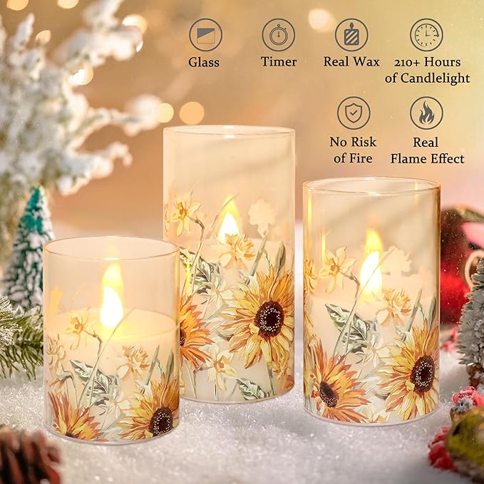 CozyNest Decor MELTONE autumn sunflower flameless candles with flickering real wax, glass design, remote control, perfect for home decor.