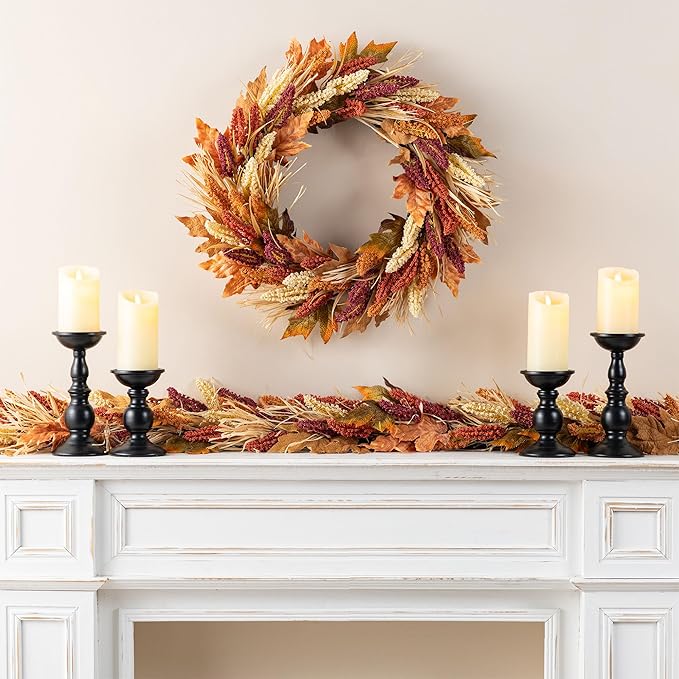 CozyNest Decor 24-inch fall sorghum wreath with metal hanger, perfect for front door or indoor outdoor harvest holiday decor.